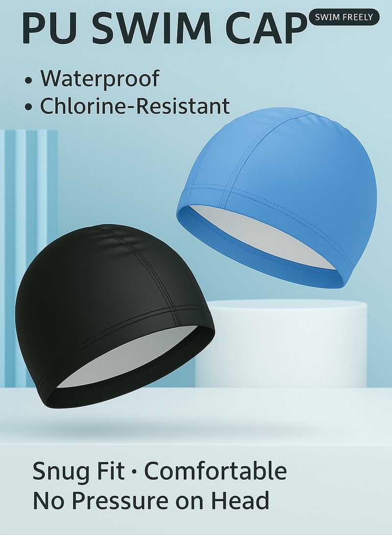 Swim Cap Soft Comfortable Waterproof  Swimming Caps High Elasticity Universal PU Bathing Cap for Adults Children's Kids Black/Blue - Image 2