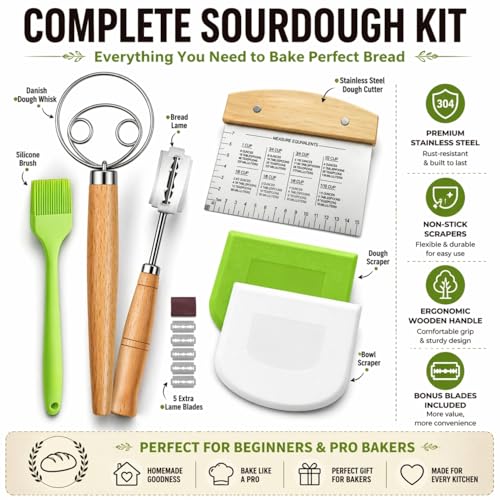 BOORIKA Sourdough Bread Baking Tool Set with Danish Dough Whisk, Bread Lame & Blades, Bench Scraper, Dough Scrapers and Silicone Brush – Sourdough Starter Kit - Image 2