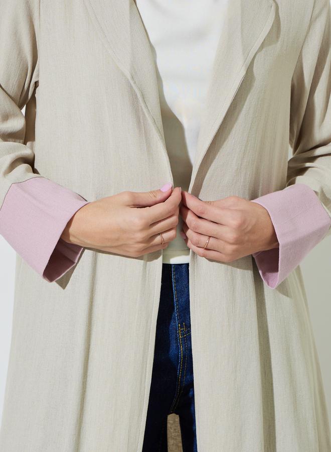 Amirah Beige Front Open Collar Abaya with Contrast Cuffs - Image 4