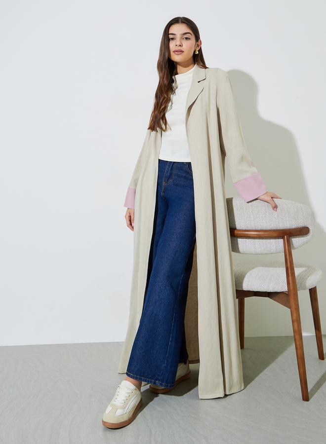Amirah Beige Front Open Collar Abaya with Contrast Cuffs - Image 1