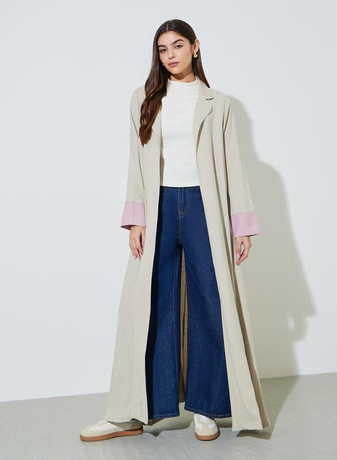 Amirah Beige Front Open Collar Abaya with Contrast Cuffs - Image 2