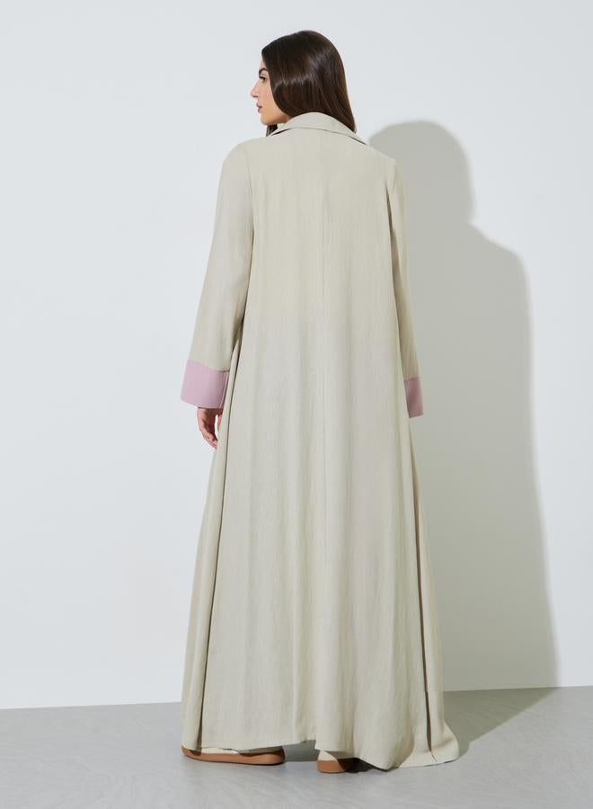 Amirah Beige Front Open Collar Abaya with Contrast Cuffs - Image 3