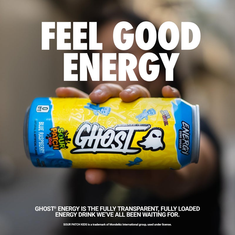 GHOST Energy Drink - 12-Pack, Sour Patch Kids Blue Raspberry, 16oz - Energy & Focus & No Artificial Colors - 200mg Natural Caffeine, L-Carnitine & Taurine - Gluten-Free & Vegan - Image 2