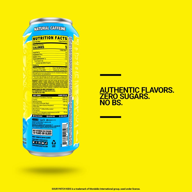 GHOST Energy Drink - 12-Pack, Sour Patch Kids Blue Raspberry, 16oz - Energy & Focus & No Artificial Colors - 200mg Natural Caffeine, L-Carnitine & Taurine - Gluten-Free & Vegan - Image 3