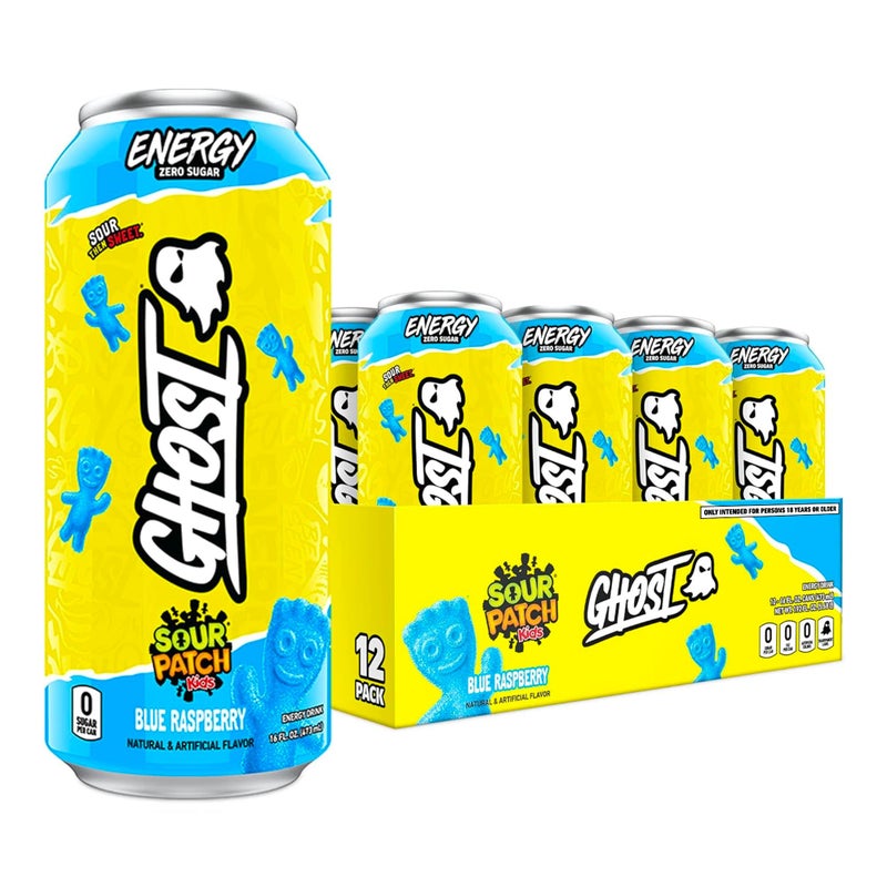 GHOST Energy Drink - 12-Pack, Sour Patch Kids Blue Raspberry, 16oz - Energy & Focus & No Artificial Colors - 200mg Natural Caffeine, L-Carnitine & Taurine - Gluten-Free & Vegan - Image 1