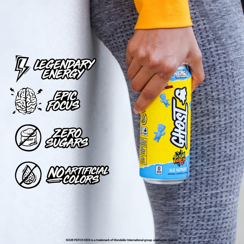 GHOST Energy Drink - 12-Pack, Sour Patch Kids Blue Raspberry, 16oz - Energy & Focus & No Artificial Colors - 200mg Natural Caffeine, L-Carnitine & Taurine - Gluten-Free & Vegan - Image 4