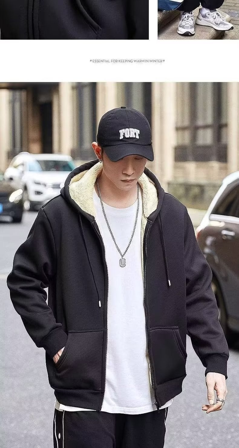Sweater Mens Hooded Cardigan Cotton Clothes Jacket Winter Solid Color Warm Lamb Wool fleece-lined Thickened Korean Style Trendy Brand Grey - Image 2