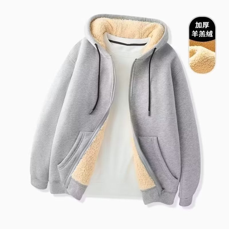 Sweater Mens Hooded Cardigan Cotton Clothes Jacket Winter Solid Color Warm Lamb Wool fleece-lined Thickened Korean Style Trendy Brand Grey - Image 1