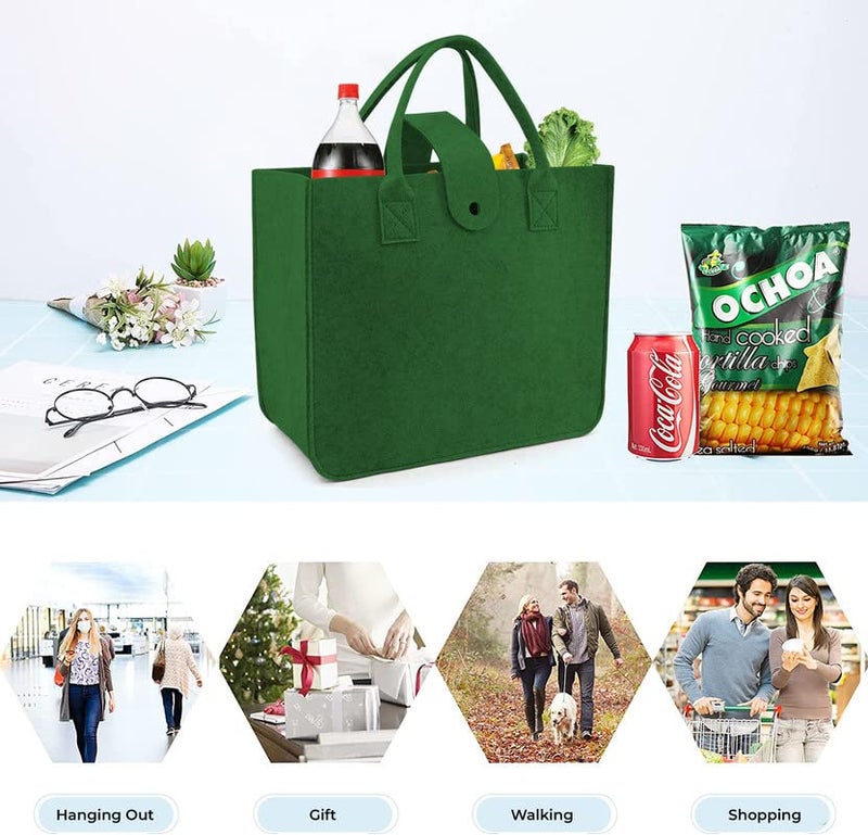 SYUTAM Unisex Felt Fabric Reusable Shopping Bag with Handle & Button Closure for Grocery, School, Beach, Travel, Study, Gym, Gifts | Size - 30x34.5x17.8cm - Green Colour - Image 5