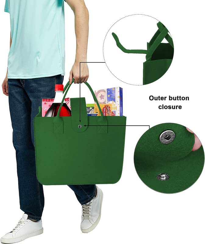 SYUTAM Unisex Felt Fabric Reusable Shopping Bag with Handle & Button Closure for Grocery, School, Beach, Travel, Study, Gym, Gifts | Size - 30x34.5x17.8cm - Green Colour - Image 4