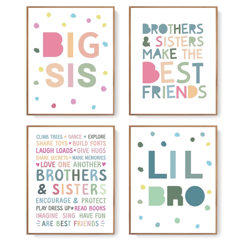 LARTSFRO Brother and Sister Make The Best Friends Wall Art Decor Posters, Baby Boys Gril Nursery Room Playroom Bedroom Bathroom Wall Art Decor, Inspirational Decor for Big Sister Little Brother Nursery Toddler Baby, Gifts for Kids 10x8 Inch Set of 4 Pcs (UNFRAMED) - Image 1