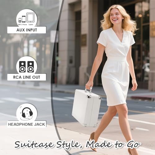 TANLANIN Record Player with Built-in Stereo Speakers 3-Speed Bluetooth Portable Suitcase Vinyl Record Player Treble & Bass Gain Belt Drive Vintage Turntable AUX Line-in/Out, White - Image 5