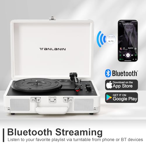 TANLANIN Record Player with Built-in Stereo Speakers 3-Speed Bluetooth Portable Suitcase Vinyl Record Player Treble & Bass Gain Belt Drive Vintage Turntable AUX Line-in/Out, White - Image 3