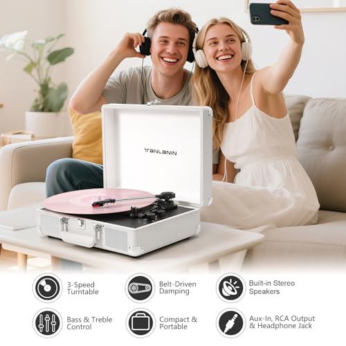 TANLANIN Record Player with Built-in Stereo Speakers 3-Speed Bluetooth Portable Suitcase Vinyl Record Player Treble & Bass Gain Belt Drive Vintage Turntable AUX Line-in/Out, White - Image 4