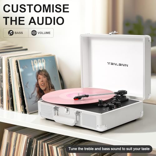 TANLANIN Record Player with Built-in Stereo Speakers 3-Speed Bluetooth Portable Suitcase Vinyl Record Player Treble & Bass Gain Belt Drive Vintage Turntable AUX Line-in/Out, White - Image 2
