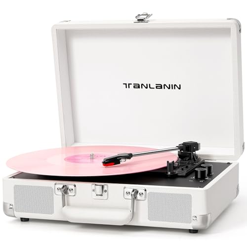 TANLANIN Record Player with Built-in Stereo Speakers 3-Speed Bluetooth Portable Suitcase Vinyl Record Player Treble & Bass Gain Belt Drive Vintage Turntable AUX Line-in/Out, White - Image 1