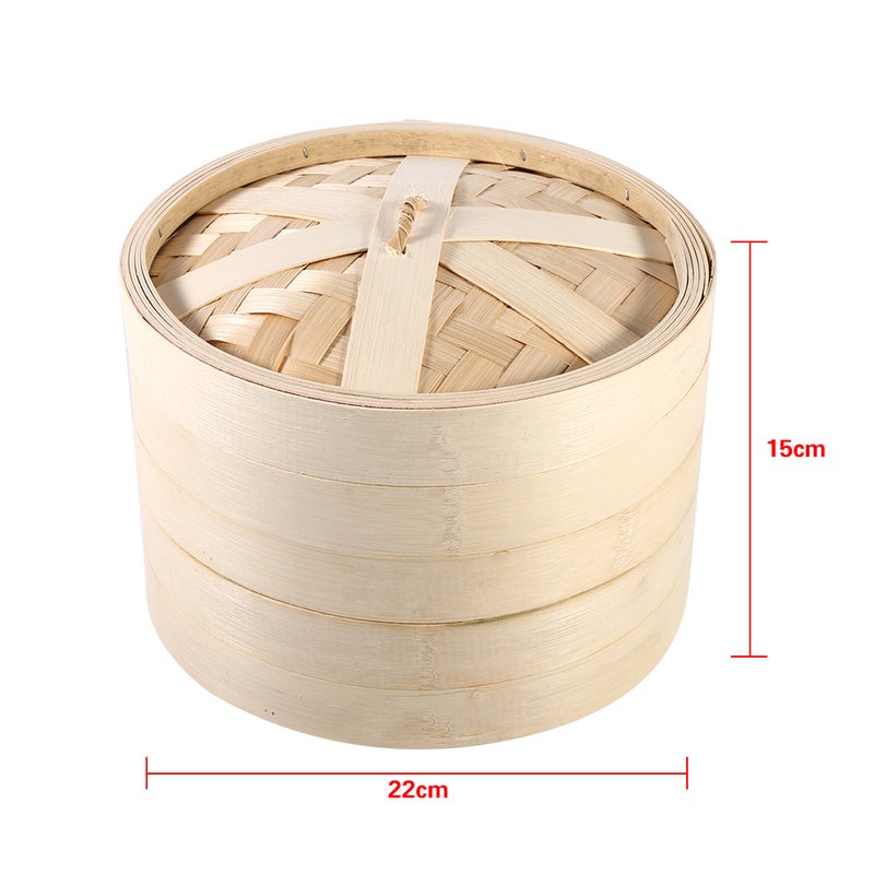 2 Tiers Bamboo Steamer Basket Chinese Natural Rice Cooking Food Cooker With Lid New(22cm) - Image 4