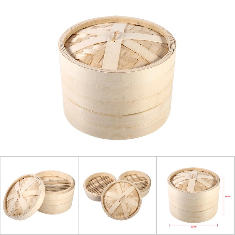 2 Tiers Bamboo Steamer Basket Chinese Natural Rice Cooking Food Cooker With Lid New(22cm) - Image 5