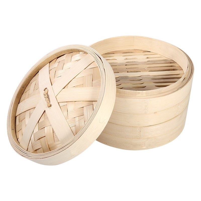 2 Tiers Bamboo Steamer Basket Chinese Natural Rice Cooking Food Cooker With Lid New(22cm) - Image 2