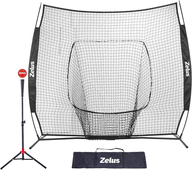 ZELUS 7×7 Baseball Net with Tee Kit, Portable Baseball Net for Hitting and Pitching, Softball Net with Tee, Carry Bag & Weighted Baseball - Image 1