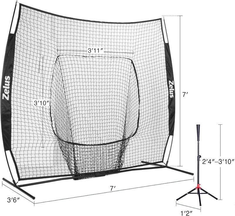 ZELUS 7×7 Baseball Net with Tee Kit, Portable Baseball Net for Hitting and Pitching, Softball Net with Tee, Carry Bag & Weighted Baseball - Image 2