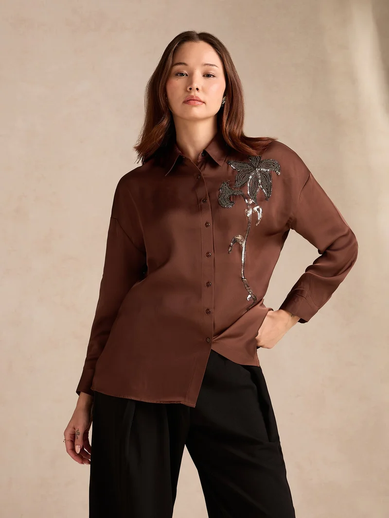 Outzidr  Brown Oversized Embroidered Satin Shirt for Women | Best Price UAE