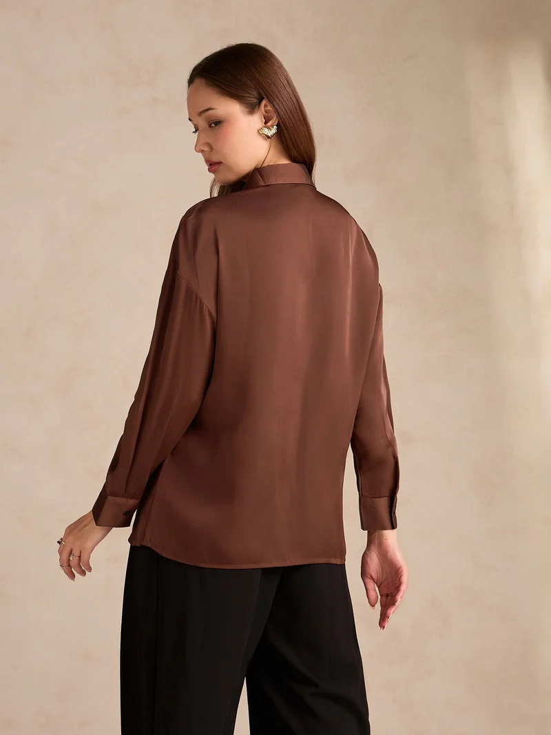 Outzidr  Brown Oversized Embroidered Satin Shirt for Women | Best Price UAE