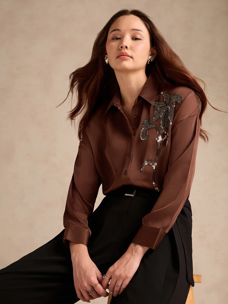 Outzidr  Brown Oversized Embroidered Satin Shirt for Women | Best Price UAE