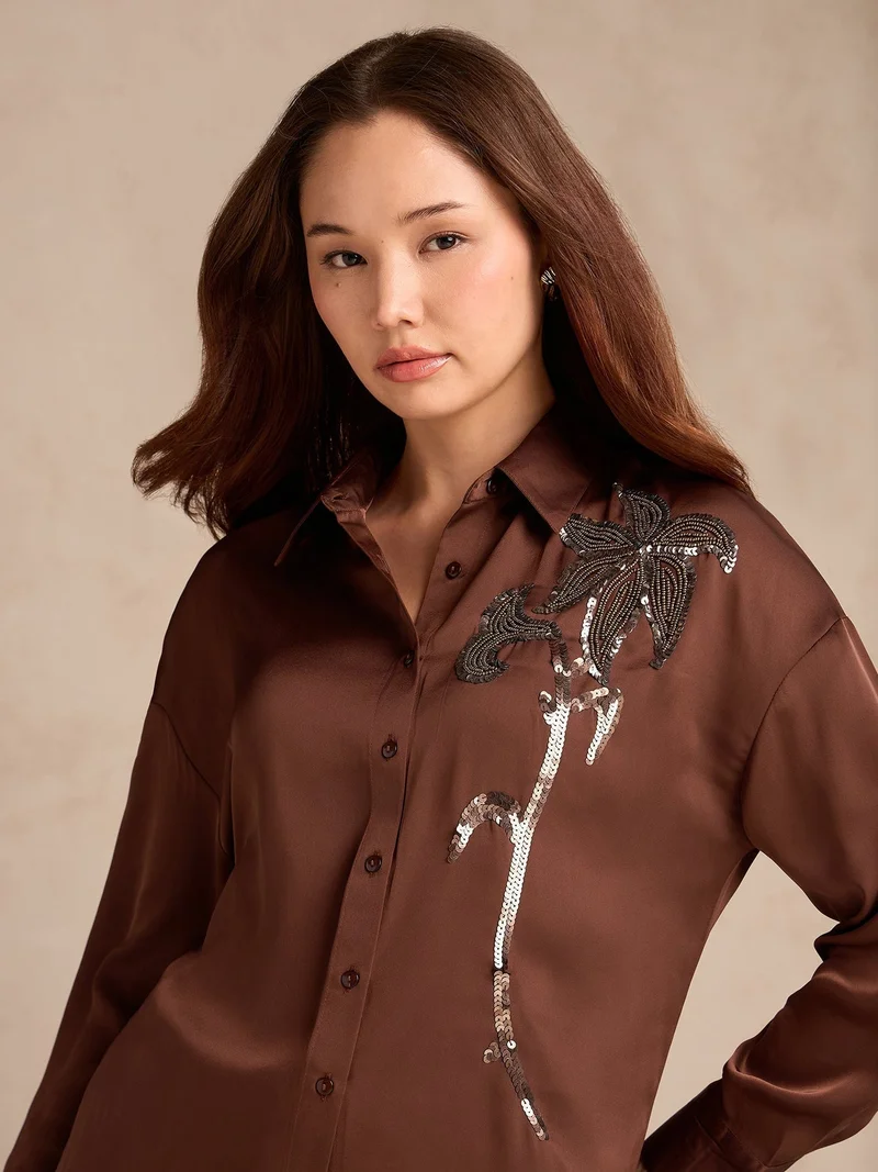 Outzidr  Brown Oversized Embroidered Satin Shirt for Women | Best Price UAE