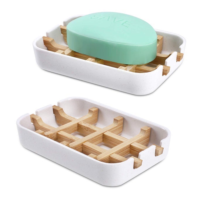 BAMBOO WOODEN SOAP DISHES FOR BATHROOM BAR SOAP HOLDER SHOWER SOAP HOLDER SINK DECK BATHTUB SHOWER TRAY TWO PIECES WHITE