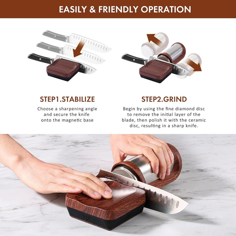 businager Professional Rolling Knife Sharpener with 4 Angles - Stainless Steel & Diamond Tools - Ideal for All Knives in Home & Restaurant Kitchens (Brown) - Image 5