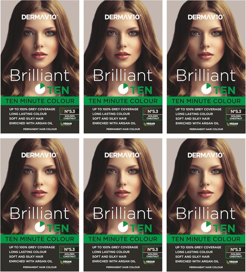 Brilliant Ten GOLDEN CHESTNUT No53 Permanent Hair Colour Vegan Against Animal Testing Long Lasting 10 Minutes Technology 6 pack