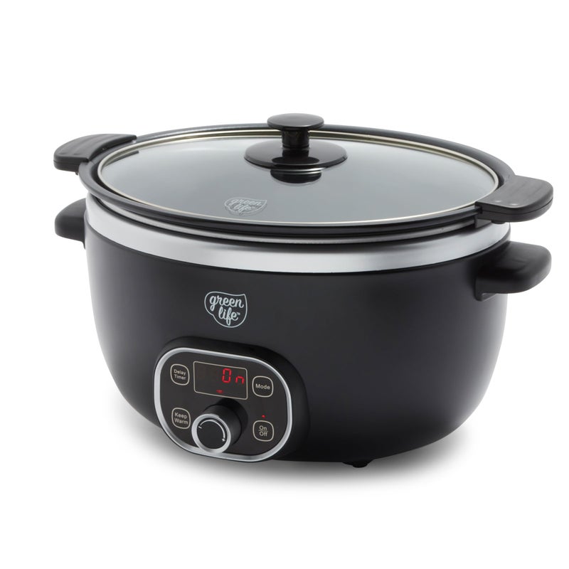 GreenLife GreenLife 6 Quart Ceramic Slow Cooker PFASFree Programmable Removable Healthy Nonstick Pot for large families Sear on Stovetop Keep Warm Digital Timer Dishwasher Safe Glass Lid  Crock Black 