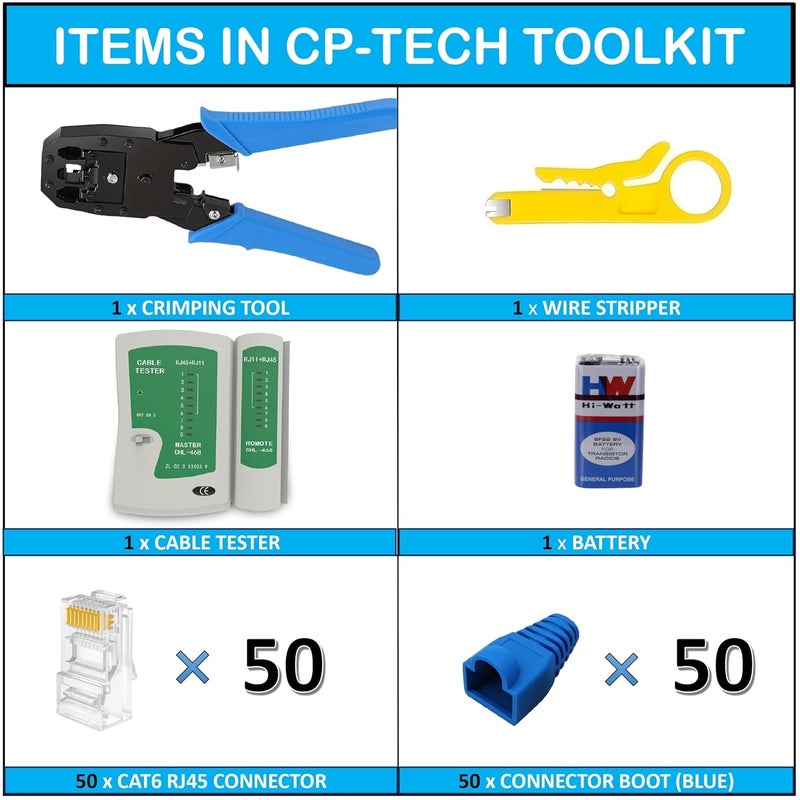 Cp Tech Rj45 Rj11 Crimping Tool Kit For Cat5e/cat6 With Network Cable Tester, 50PCS Connector With Cap and Lan Cable Stripper (Combo-7) - Image 2