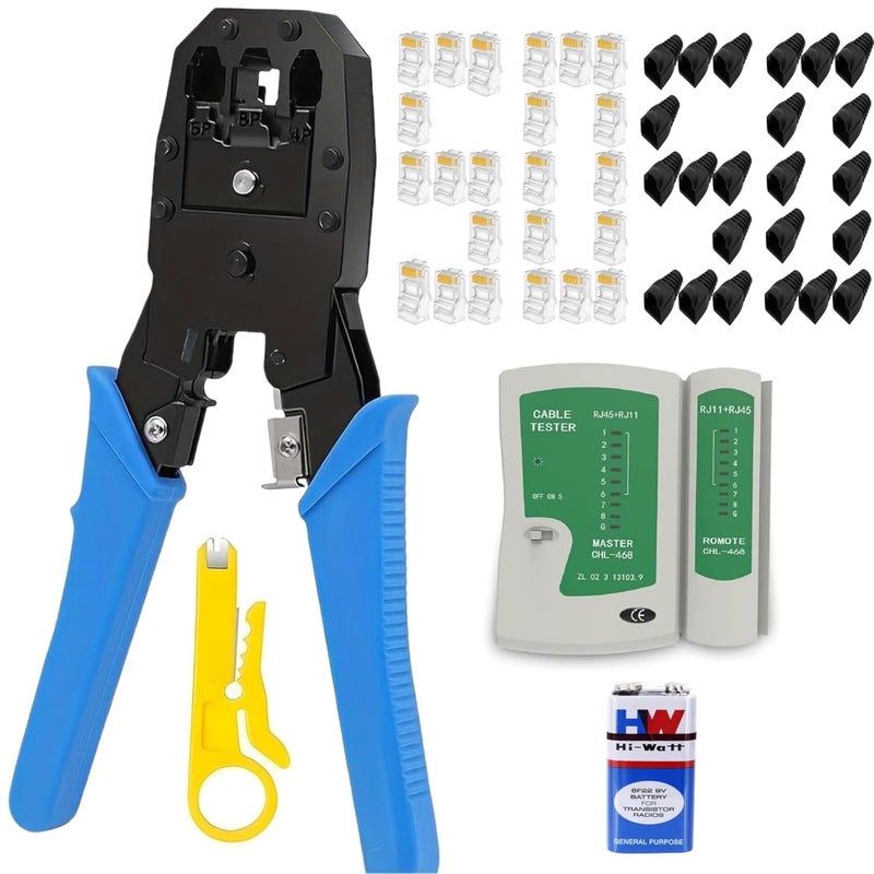 Cp Tech Rj45 Rj11 Crimping Tool Kit For Cat5e/cat6 With Network Cable Tester, 50PCS Connector With Cap and Lan Cable Stripper (Combo-7) - Image 1