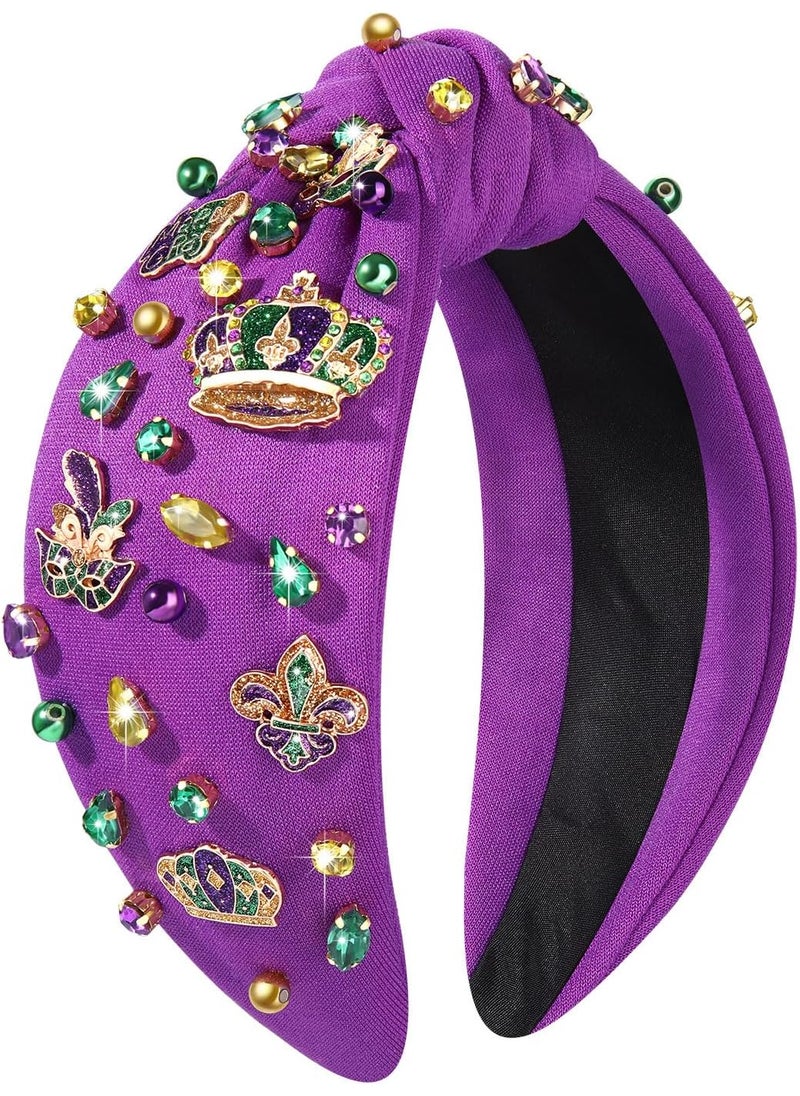 Boderier boderier Mardi Gras Headband Fleur De Lis Crown Mask Headband Jeweled Crystal Knotted Headband Carnival Festive Accessories 