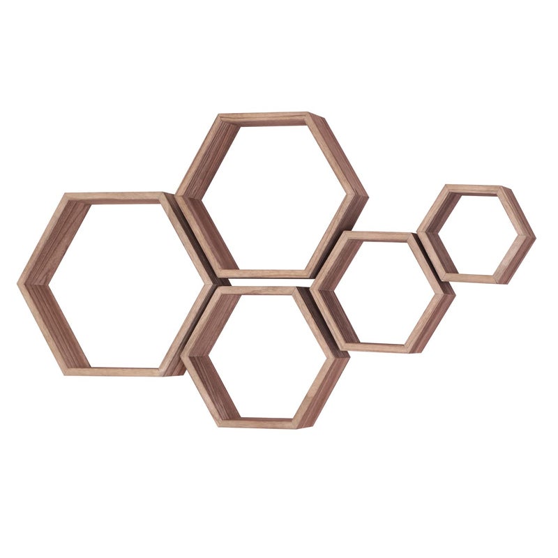 PHOENANCEE Hexagon Shelves for Wall,Hexagon Floating Shelf Set of 5,Honeycomb Shelves Octagon Hanging Cube Rustic Wood Wall Mounted for Living Room Bedroom Kitchen Bathroom Office Home Decorï¼ˆCarbonized Brownï¼‰ - Image 1