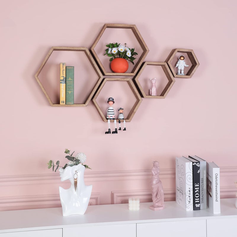 PHOENANCEE Hexagon Shelves for Wall,Hexagon Floating Shelf Set of 5,Honeycomb Shelves Octagon Hanging Cube Rustic Wood Wall Mounted for Living Room Bedroom Kitchen Bathroom Office Home Decorï¼ˆCarbonized Brownï¼‰ - Image 2