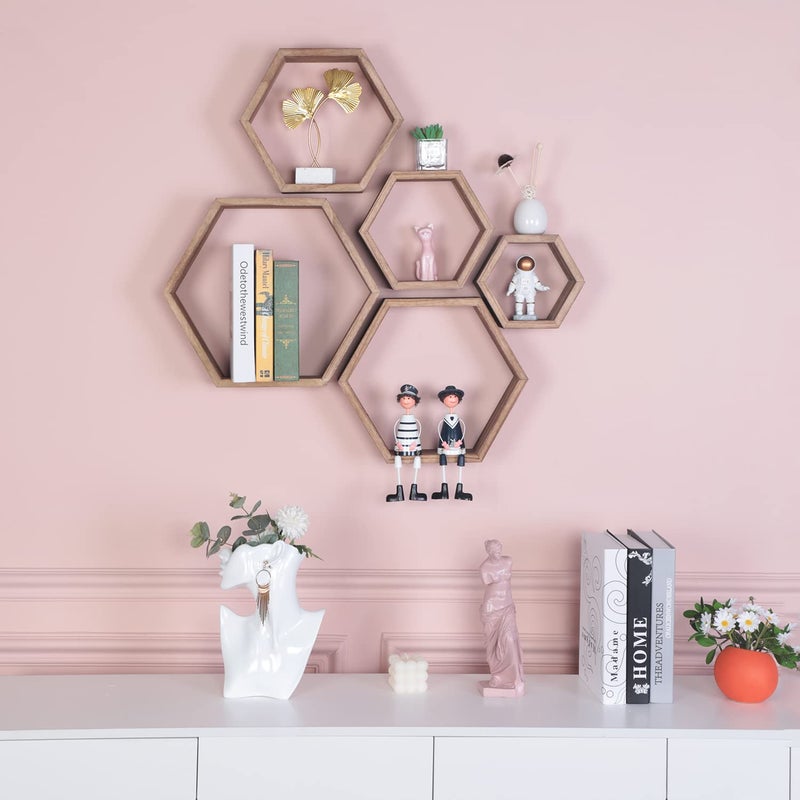 PHOENANCEE Hexagon Shelves for Wall,Hexagon Floating Shelf Set of 5,Honeycomb Shelves Octagon Hanging Cube Rustic Wood Wall Mounted for Living Room Bedroom Kitchen Bathroom Office Home Decorï¼ˆCarbonized Brownï¼‰ - Image 3
