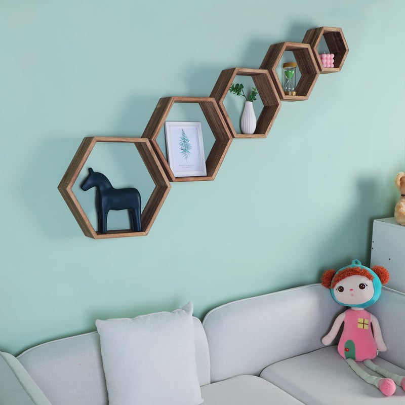 PHOENANCEE Hexagon Shelves for Wall,Hexagon Floating Shelf Set of 5,Honeycomb Shelves Octagon Hanging Cube Rustic Wood Wall Mounted for Living Room Bedroom Kitchen Bathroom Office Home Decorï¼ˆCarbonized Brownï¼‰ - Image 5