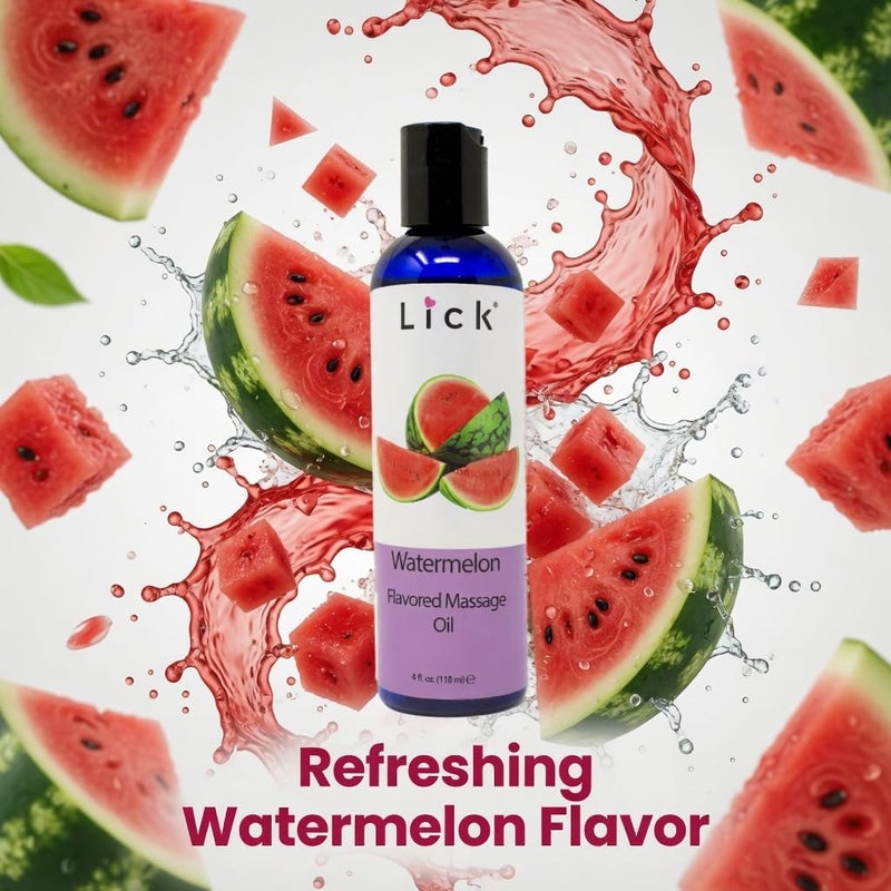ليك زيت تدليك بنكهة البطيخ من LICK للأزواج – لوشن تدليك صالح للأكل يحتوي على فيتامين E وزيت اللوز الحلو وزيت جوز الهند، غير لزج ولطيف على البشرة، طبيعي ومريح ونباتي (4 أونصات) - Image 1