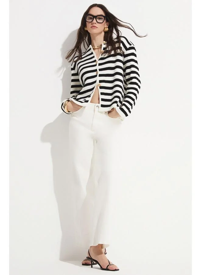 JUNE June Striped Button Detailed Padded Knitwear Cardigan Black - White