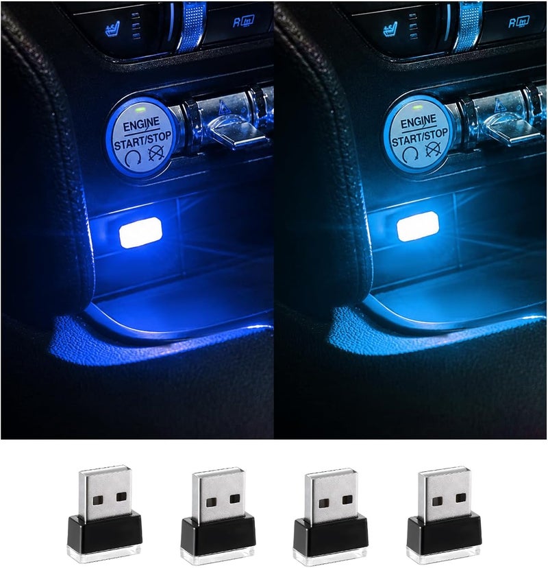 Augeny مصباح أجواء داخلي للسيارة من Augeny، مكون من 4 قطع، بتقنية LED ومتصل بالUSB، يمكن استخدامه كضوء ليلي للزينة، عبارة عن مجموعة إضاءة محمولة للسيارات، مناسبة لمعظم أنواع السيارات (لون أزرق وأزرق جليدي). - Image 1