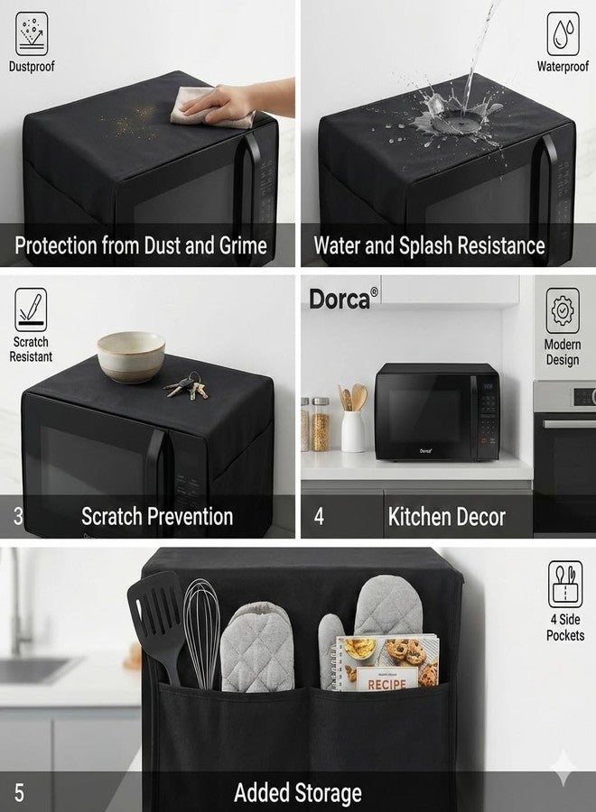 Dorca Microwave Oven Cover with 4 Storage Pockets, Waterproof Dustproof Oil-Proof, Black, 100x35 cm, Fits 20L-30L Ovens - Premium thik PVC fabric - Black - Image 3
