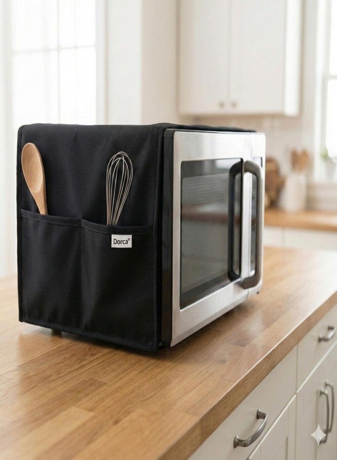 Dorca Microwave Oven Cover with 4 Storage Pockets, Waterproof Dustproof Oil-Proof, Black, 100x35 cm, Fits 20L-30L Ovens - Premium thik PVC fabric - Black - Image 1
