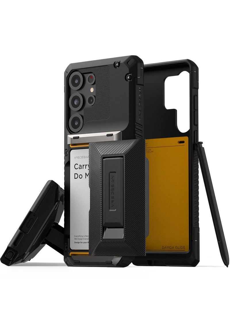 VRS Design Damda Glide Hybrid Samsung Galaxy S25 ULTRA Case Cover Wallet with Semi Automatic Credit Card Holder Slot [3-4 Cards] & Kickstand - Black Groove  - Image 1