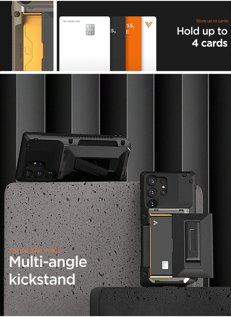 VRS Design Damda Glide Hybrid Samsung Galaxy S25 ULTRA Case Cover Wallet with Semi Automatic Credit Card Holder Slot [3-4 Cards] & Kickstand - Black Groove  - Image 4