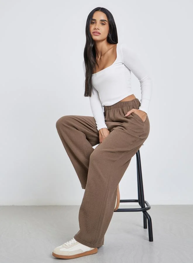 Styli Styli Women Brown Double Gauze Wide Leg Pants