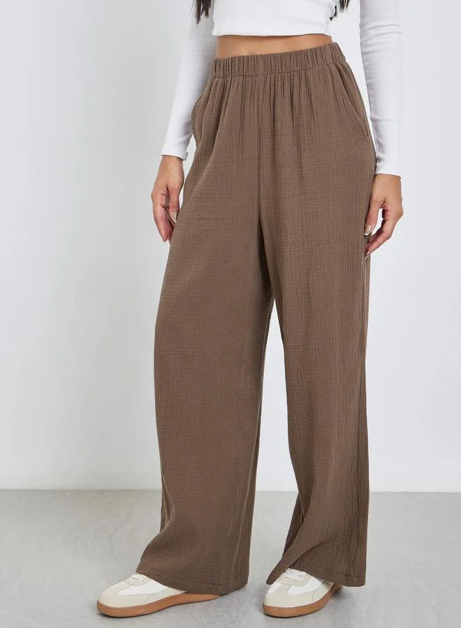 Styli Styli Women Brown Double Gauze Wide Leg Pants