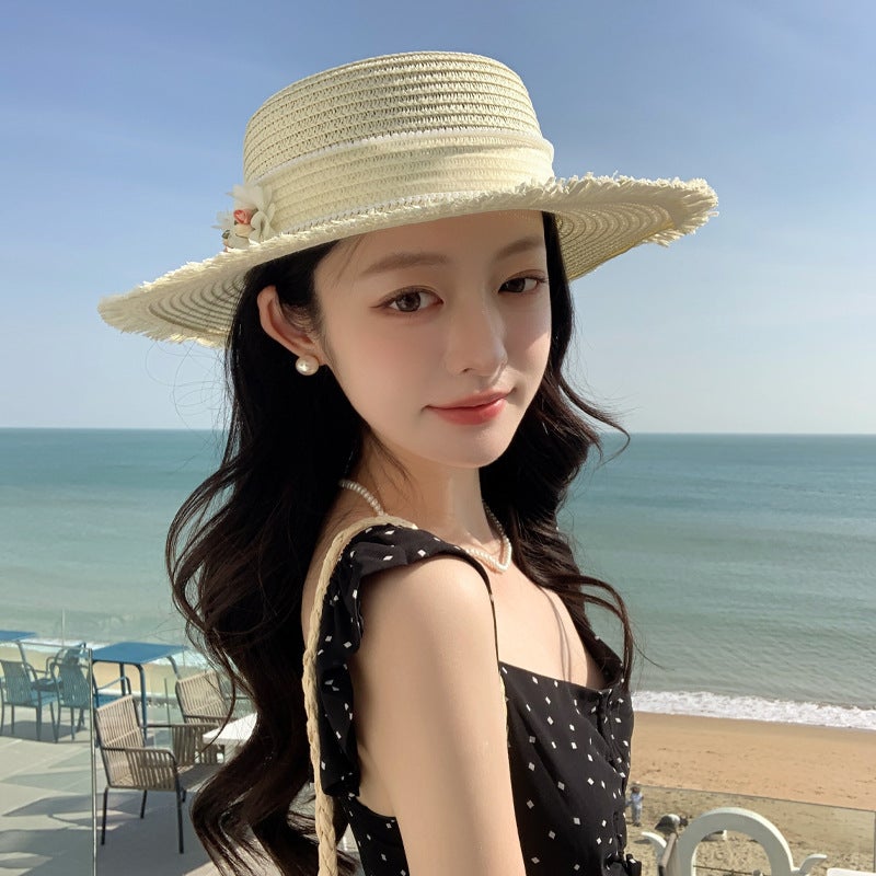 Women's Lace Bow Straw Sun Hat, Wide Brim, Flat Top - Image 3